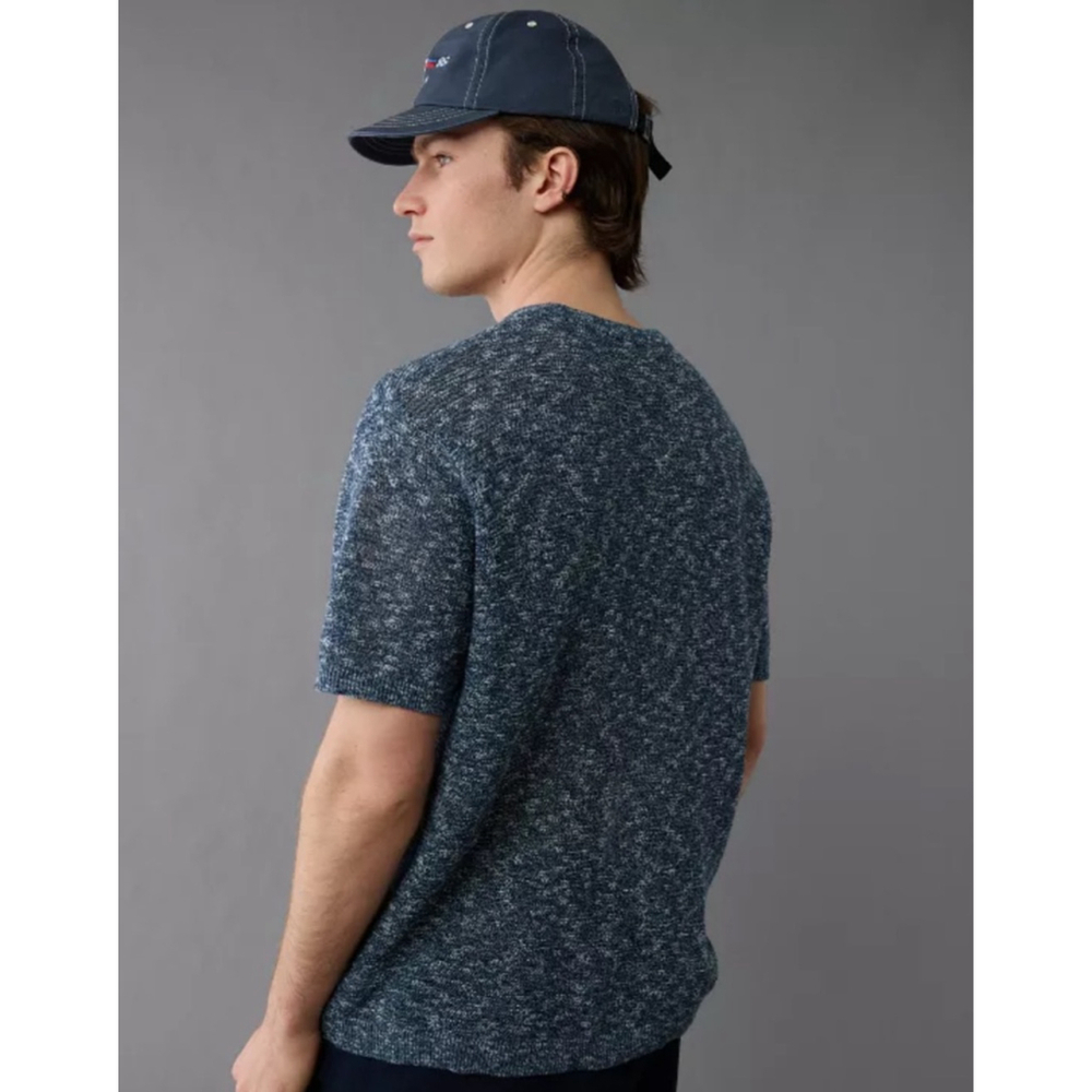 Men's American Eagle Linen Blend Blue White Speck Crewneck Shirt L